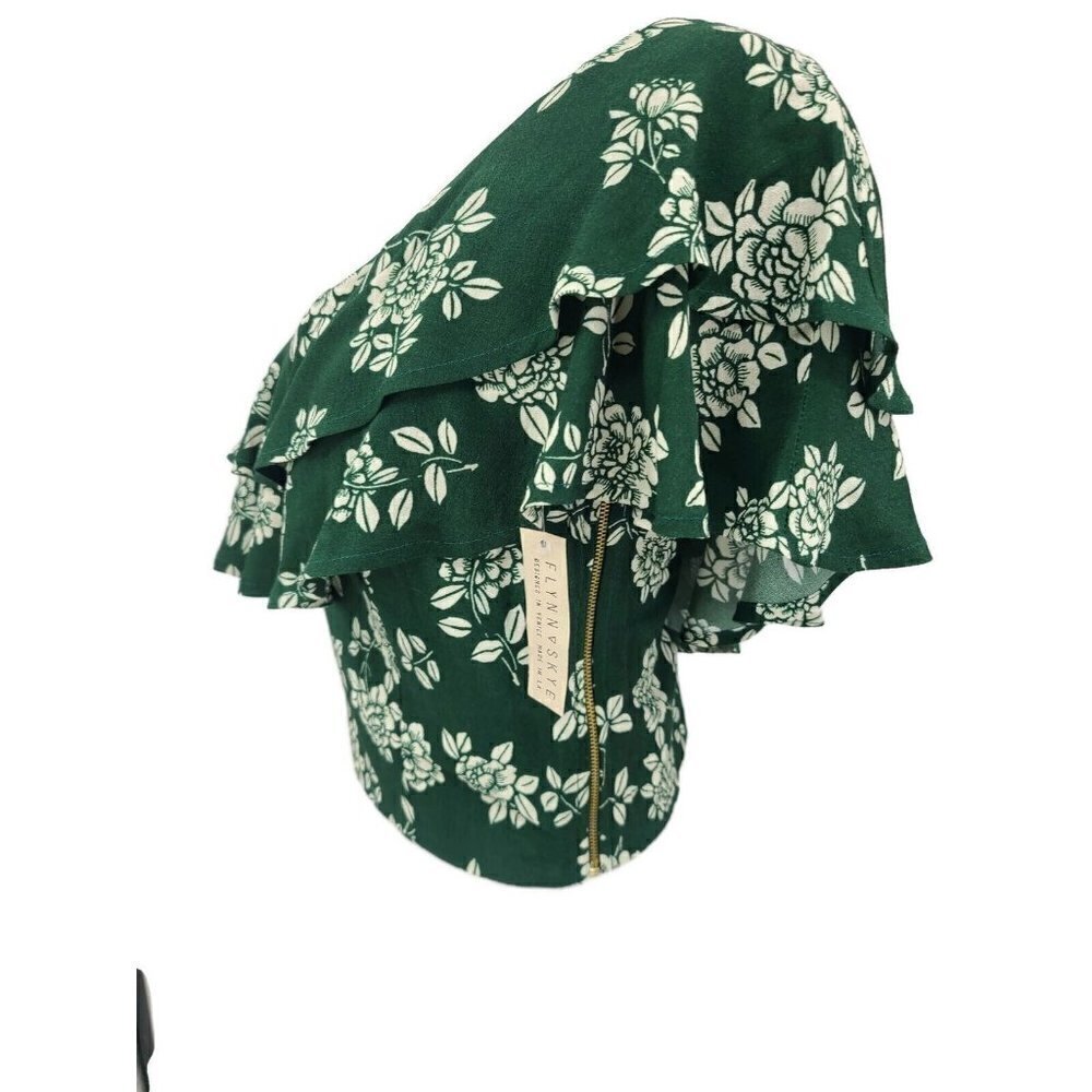 New Flynn Skye Claire Crop Top Womens L Emerald Blooms Green Floral Rayon Ruffle - Picture 2 of 6